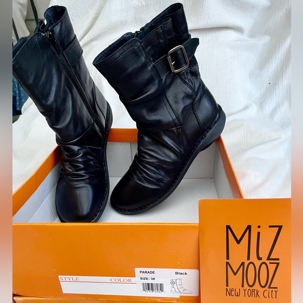 Miz Mooz Black Ruched Soft Leather Buckle Mid-calf Boots, Parade